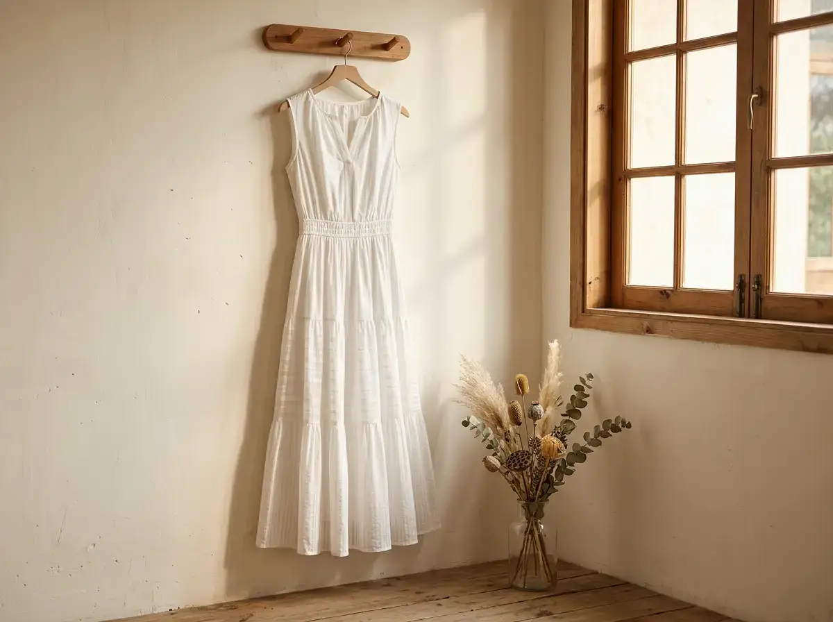 Sleeveless V-neck midi dress on wall hook — versatile capsule wardrobe dress