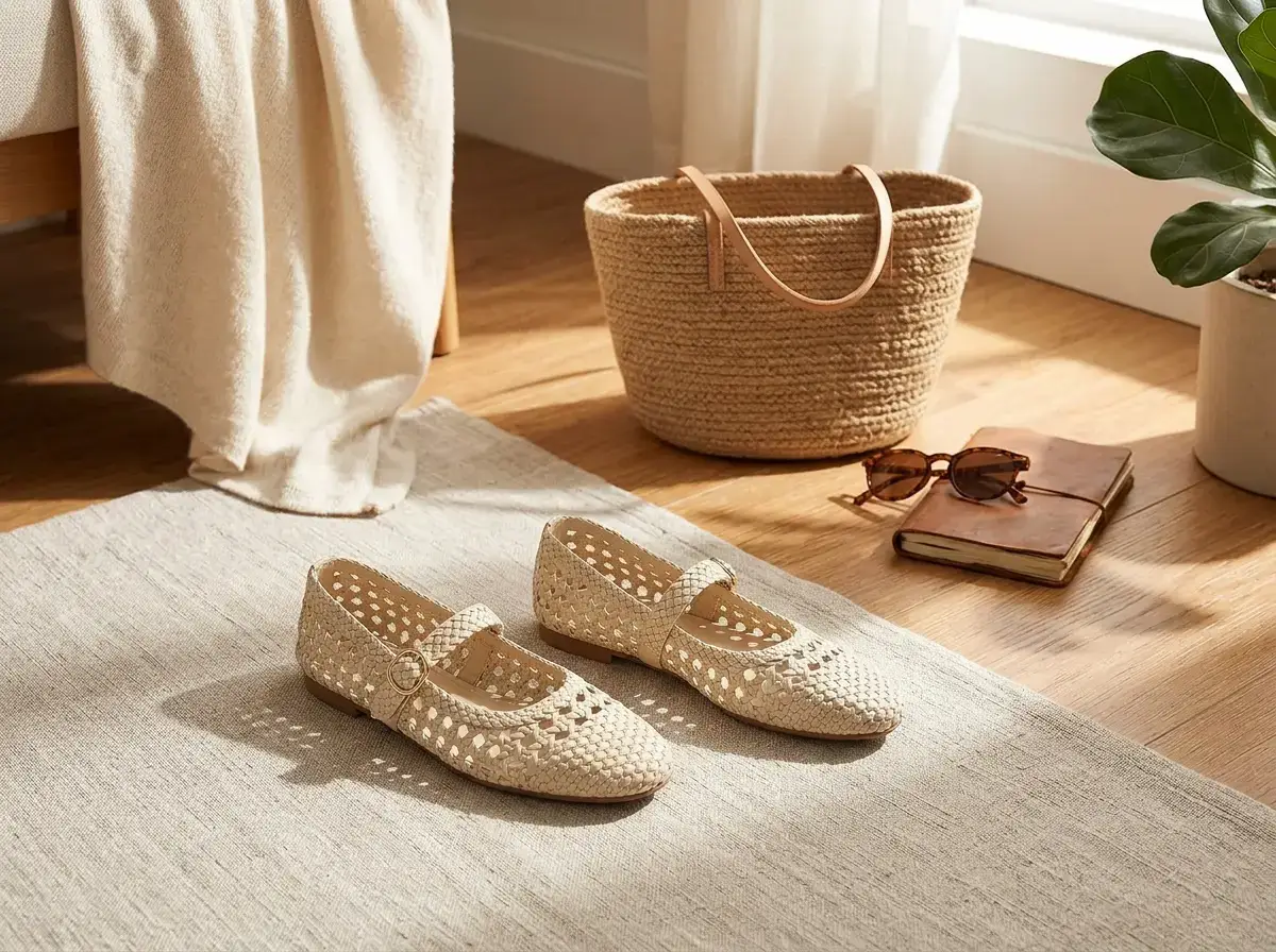 Woven Mary Jane flats on a linen rug — comfortable capsule wardrobe shoes
