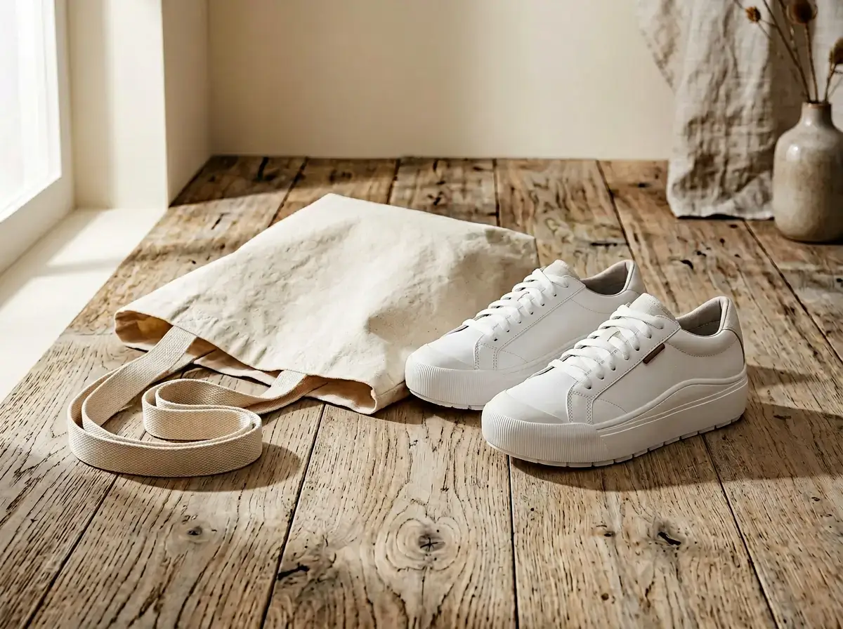Clean white sneakers on a wooden floor — capsule wardrobe everyday shoes