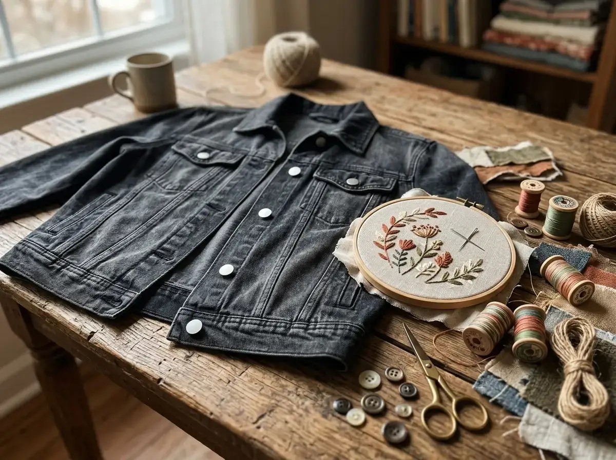 Upcycled denim jacket decorated with iron-on patches