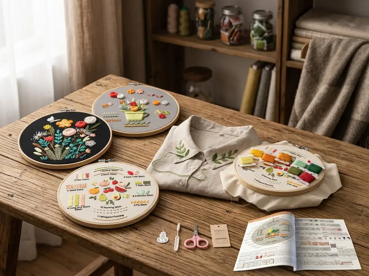 Beginner embroidery kit for decorating a collar and cuffs
