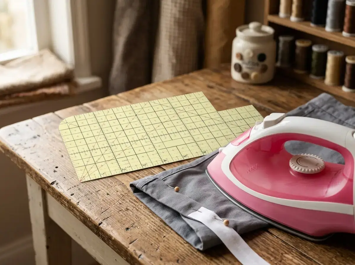 Hem tape and hot ruler for quick no-sew hems and turn-ups
