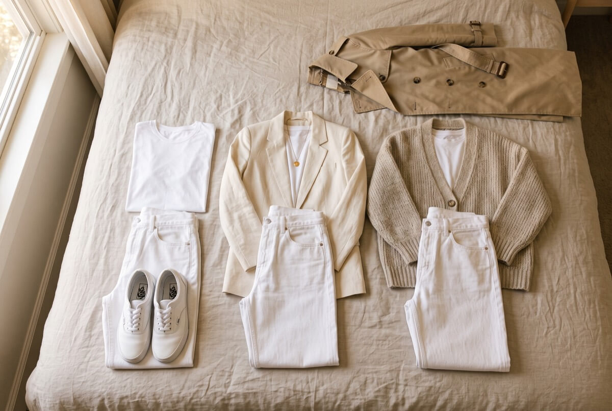 Three capsule wardrobe outfits laid out from one white jeans base — relaxed, polished and layered formulas