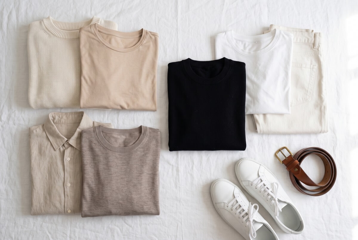 Capsule wardrobe colour palette flat lay — cream, sand, beige and white garments with sneakers and a brown belt