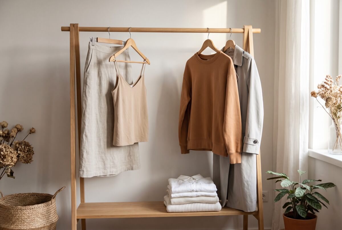 Small wardrobe rail of warm neutral capsule pieces rotated for the season