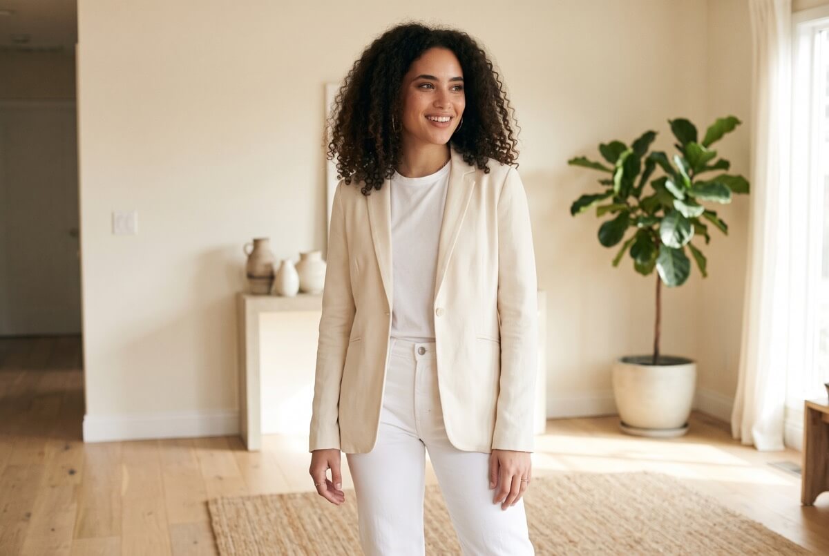 Cream blazer worn with white jeans and a white tee — the classic blazer in a capsule wardrobe