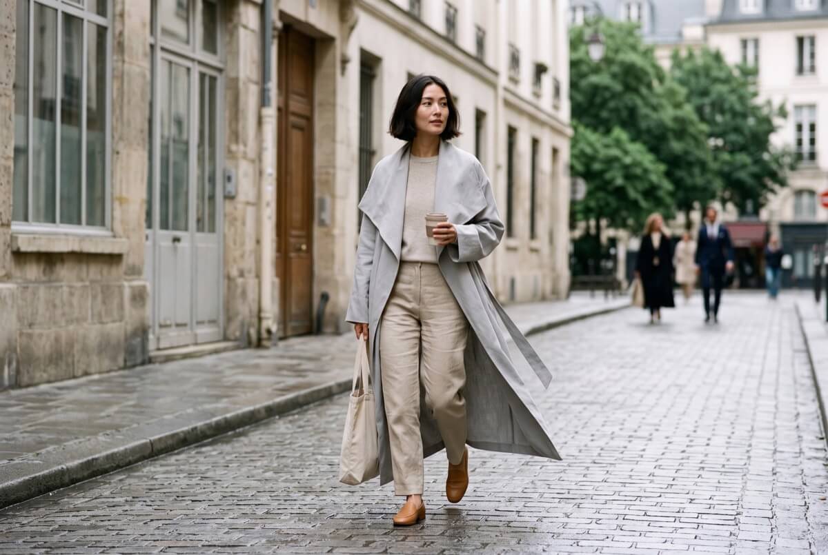 Pale grey draped trench coat worn open over neutral layers — the timeless trench coat piece