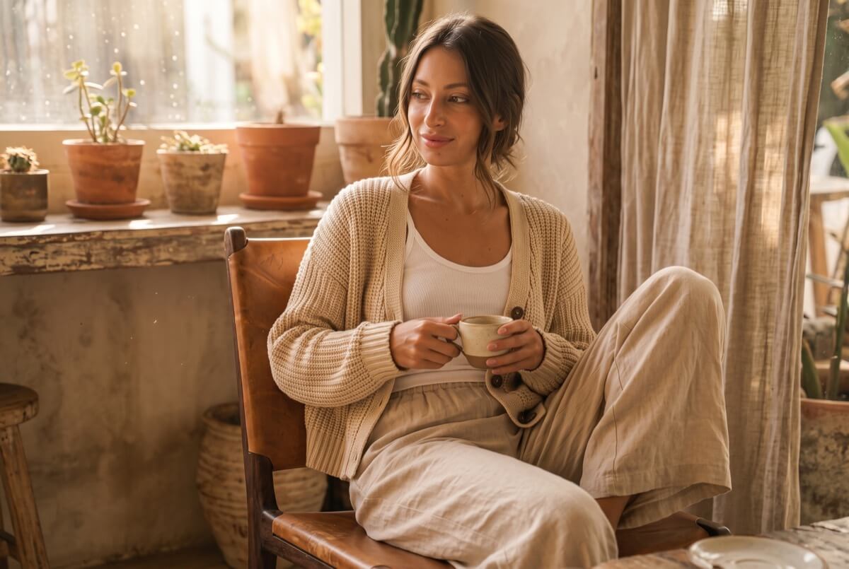 Sand hand-knitted crop cardigan layered over a white cami — the cardigan piece of a capsule wardrobe