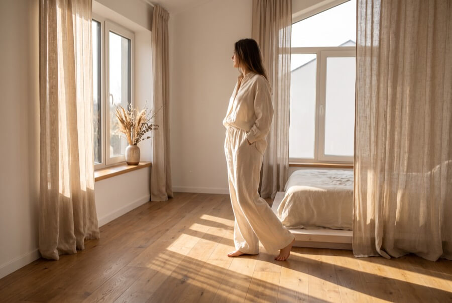 Woman in a cream linen blouse and wide-leg trousers in a sun-filled bedroom