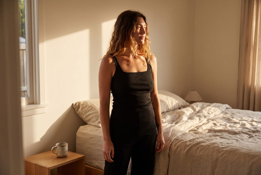 Woman wearing a black organic cotton square-neck camisole in a warm morning bedroom