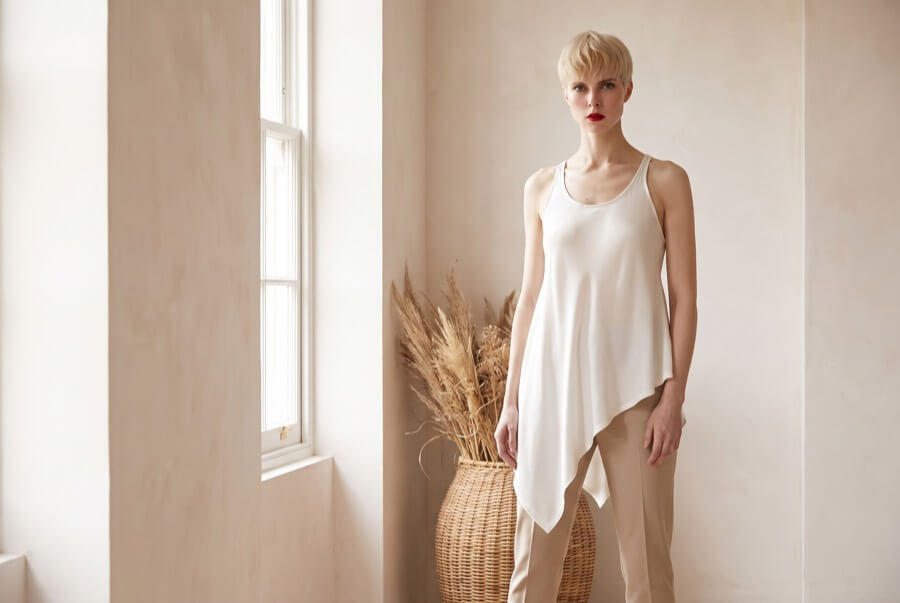 Woman wearing an ivory bamboo silk vest with an asymmetric hem, layered over tailored trousers