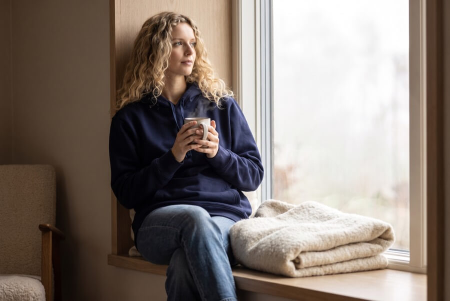 Woman wearing a navy organic cotton pullover hoodie on a window seat with a warm mug