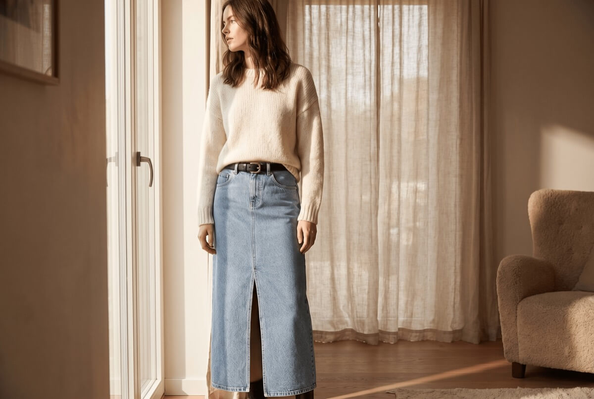 Long straight cotton denim skirt with a front slit, styled with a cream knit top — sustainable zero-waste style