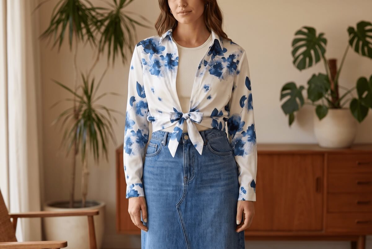 Blue floral short shirt worn open over a tank with a denim skirt — upcycled zero-waste fashion