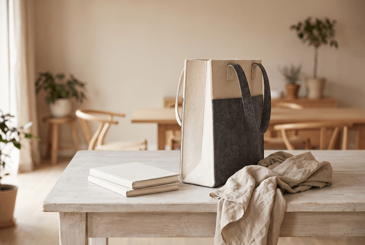 Structured colourblock felt tote bag made from recycled plastic bottles — zero-waste accessory