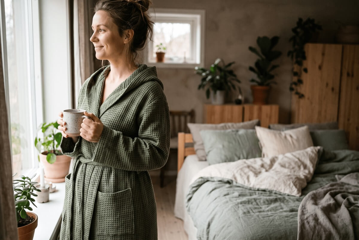 Moss-green waffle linen bathrobe with a hood in soft morning light — sustainable linen loungewear