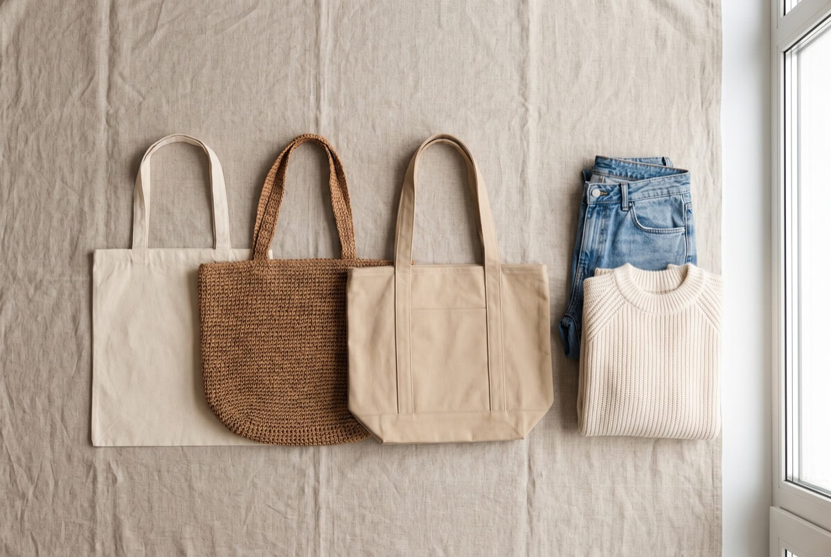 Three tote bags laid side by side in cream canvas, brown woven straw and sand cotton, with folded blue jeans and a cream knit jumper