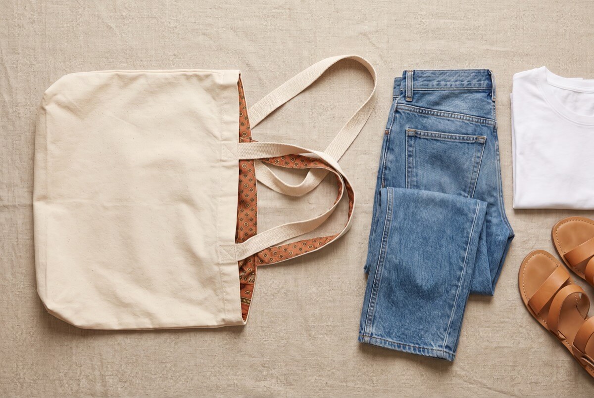 Natural cotton canvas tote laid flat with its handles turned to show the sari fabric lining underneath, beside folded jeans, a white tee and tan sandals