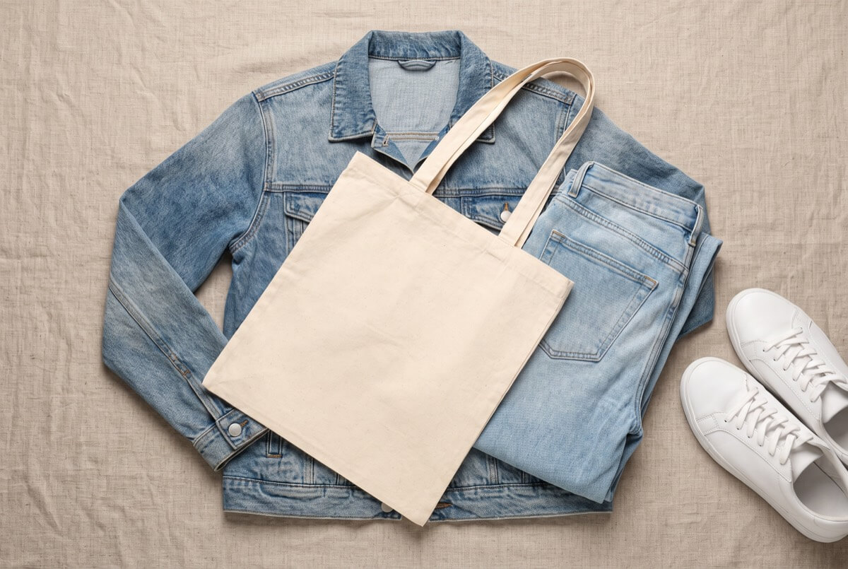 Cream canvas tote laid across a faded denim jacket and folded jeans so it breaks up the blue, with white sneakers alongside