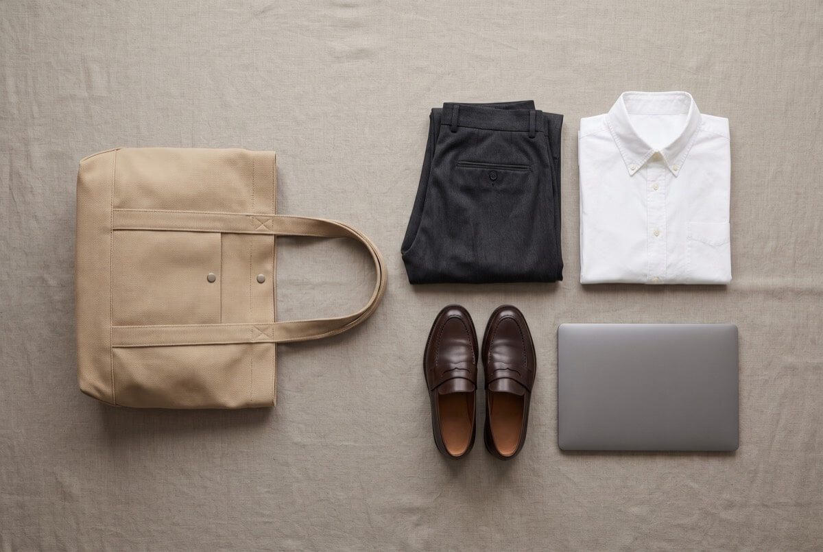 Sand structured organic cotton work tote laid flat beside charcoal trousers, a white shirt, brown loafers and a closed laptop
