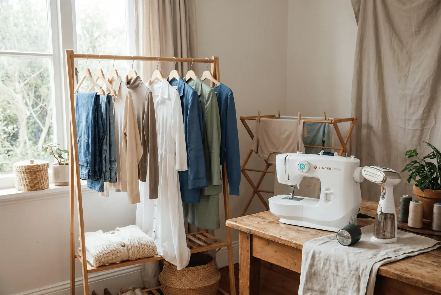 A wooden clothes rail of denim, knitwear and shirts beside a sewing machine and steamer on a work table