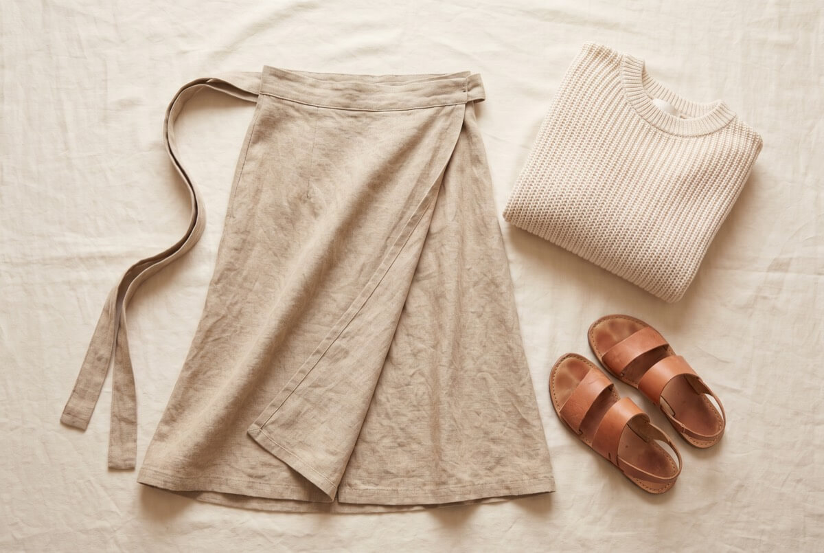 Linen wrap skirt laid flat with a cream knit top and leather sandals, zero-waste fashion flat lay