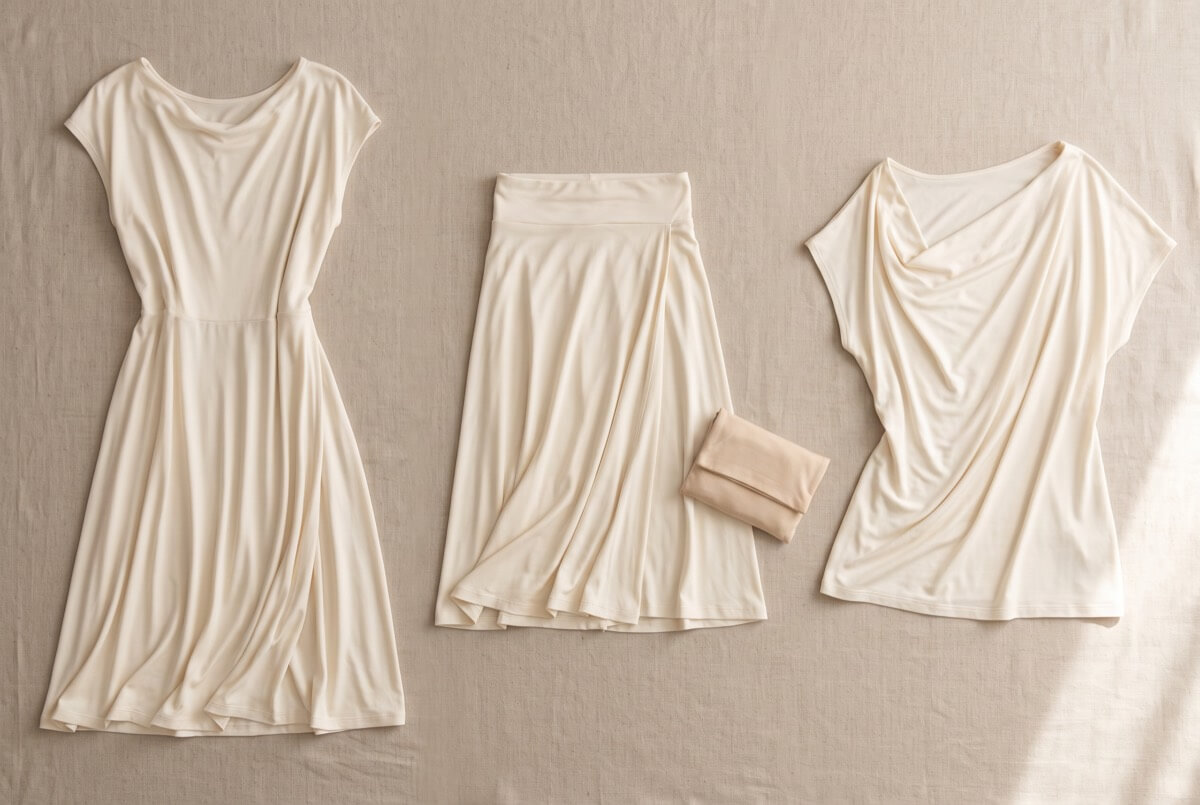 One ivory convertible jersey piece shown styled three ways as a dress, skirt and top