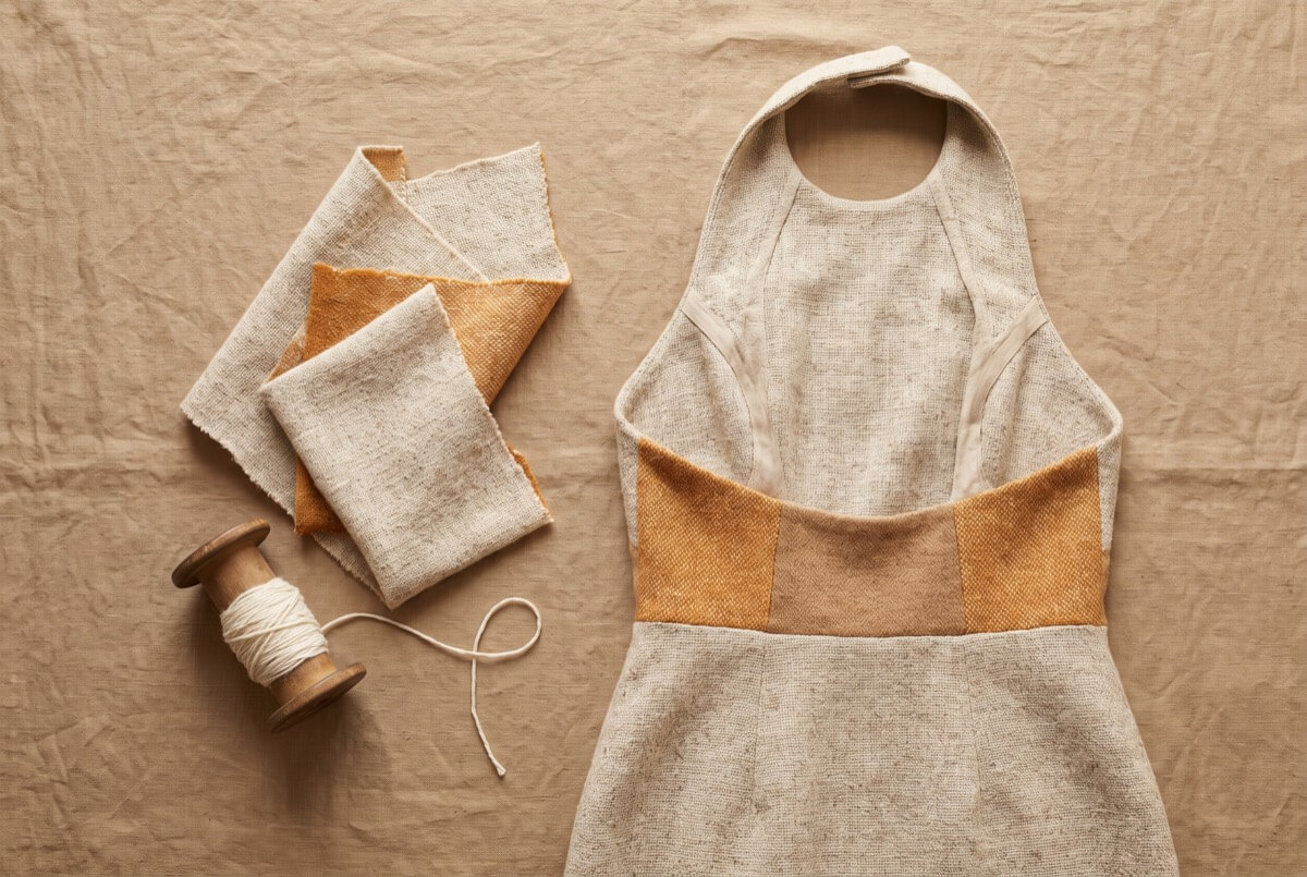 Roll-end wool halter dress with an open back, laid beside leftover fabric offcuts and a thread spool