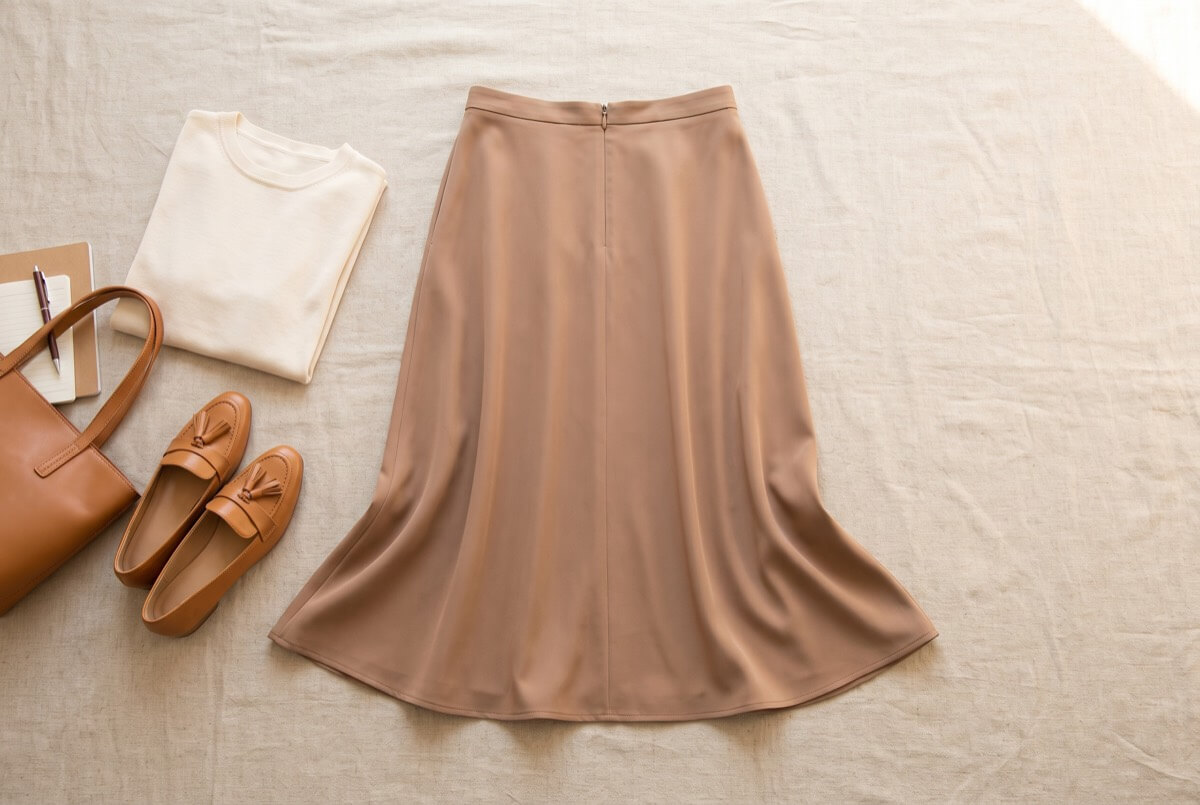 Light brown recycled fibre midi skirt laid flat with a cream top, loafers and a tote bag