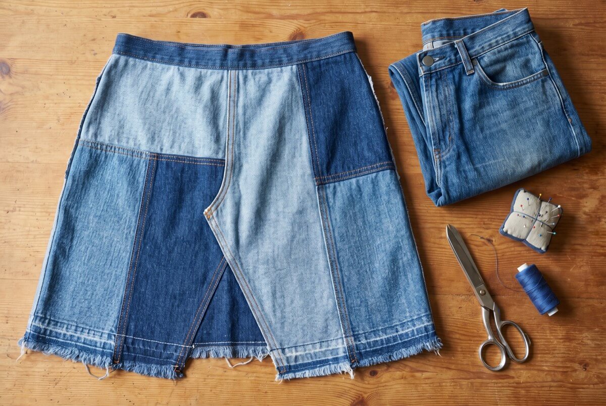 Handmade patchwork skirt sewn from old jeans, laid flat with scissors, pins and thread