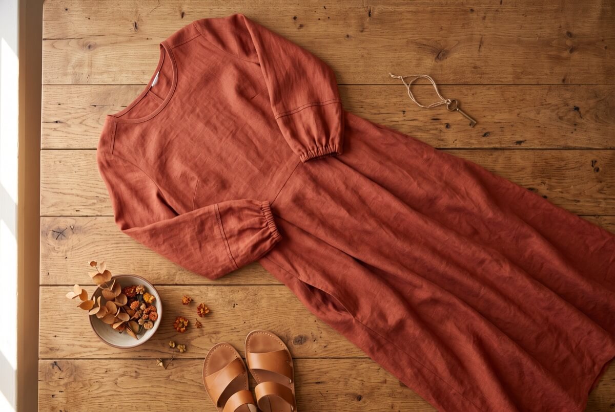 Long terracotta linen dress with gathered cuffs laid flat on a warm wooden surface