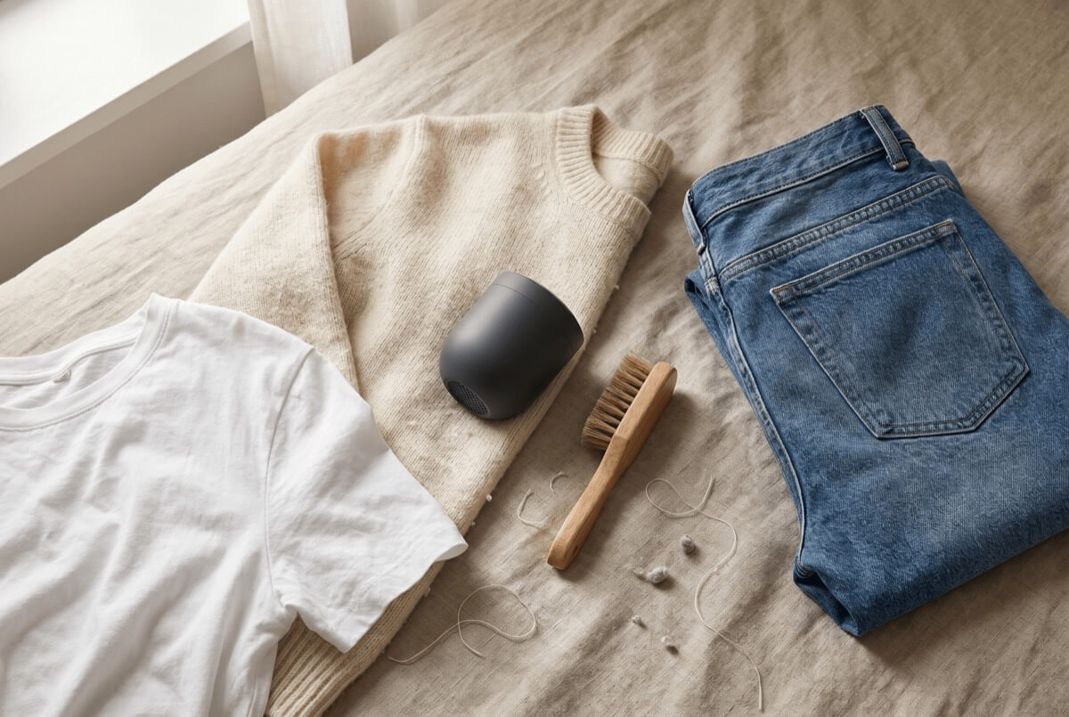 Flat lay of a white tee, cream knit sweater, blue jeans and a wooden clothes brush on linen - refreshing worn basics for sustainable fashion