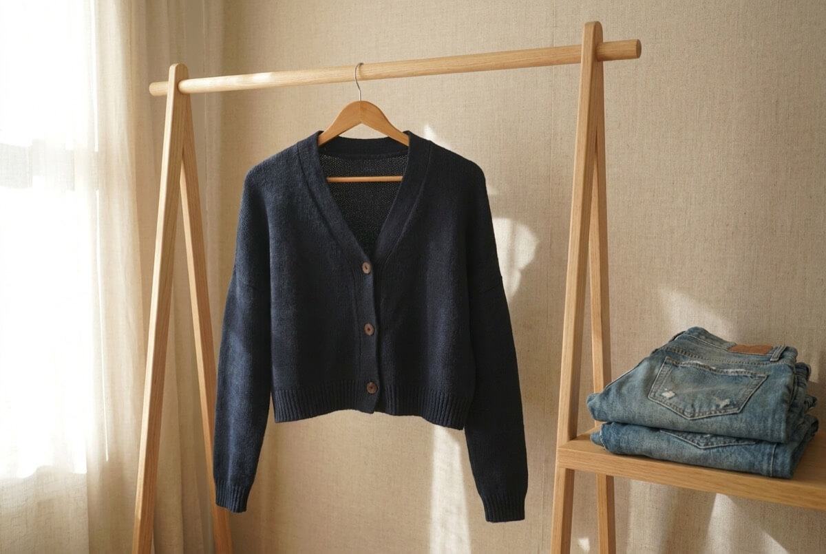 Cropped navy hand-knitted cotton cardigan on a wooden hanger with folded thrifted jeans beside it - an easy layer for thrifted outfits