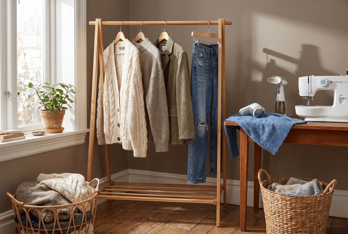 Wooden clothes rack hung with knit cardigans and jeans beside woven baskets - easy layers for styling thrifted outfits