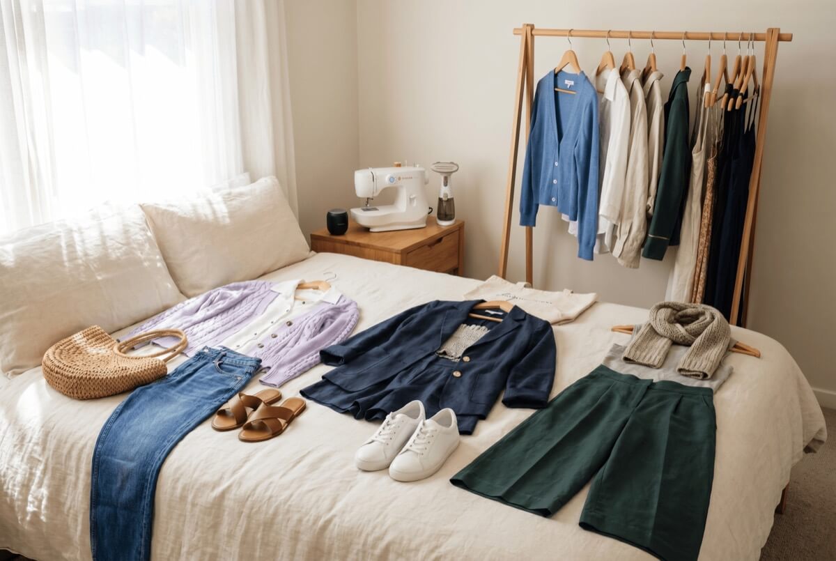 Clean clothes laid out on a bed with a wooden clothes rack behind - gentle garment care as part of a zero waste fashion routine
