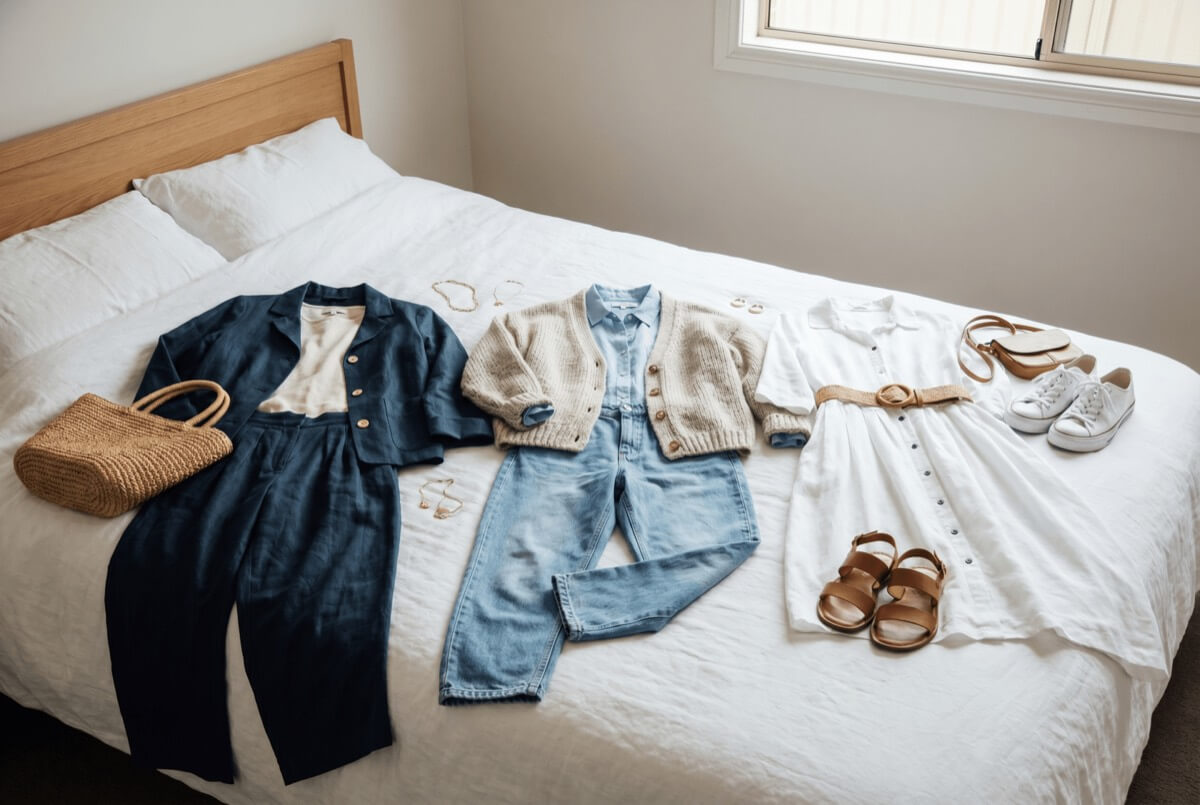 Outfit combinations laid out on a bed - a navy set, denim, a white dress and flat shoes forming repeatable sustainable outfit formulas