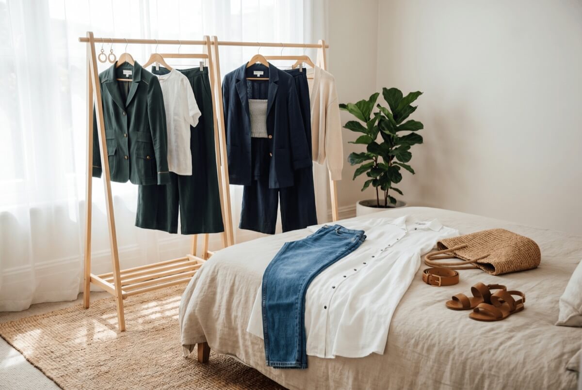 Capsule wardrobe on a wooden rack with structured dark layers and denim on the bed - one investment layer transforming simple outfits