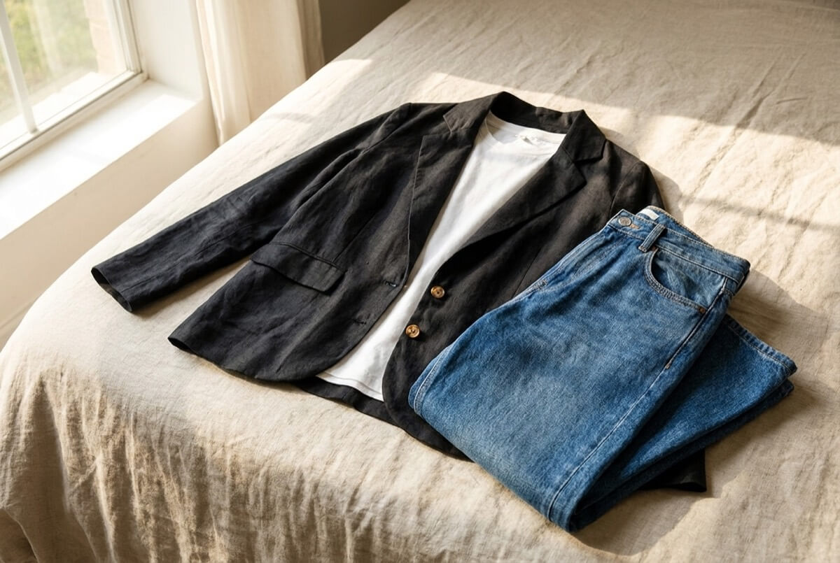 Black hemp blazer laid flat over a white tee and blue jeans on a linen bedspread - one investment layer that finishes simple outfits
