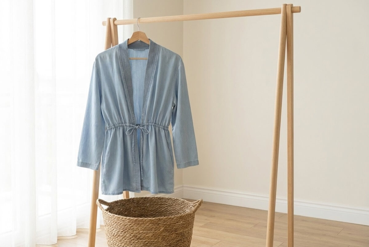Light ocean blue denim jacket with a drawstring waist hanging on a wooden clothes rack - a flexible denim layer for upcycled fashion