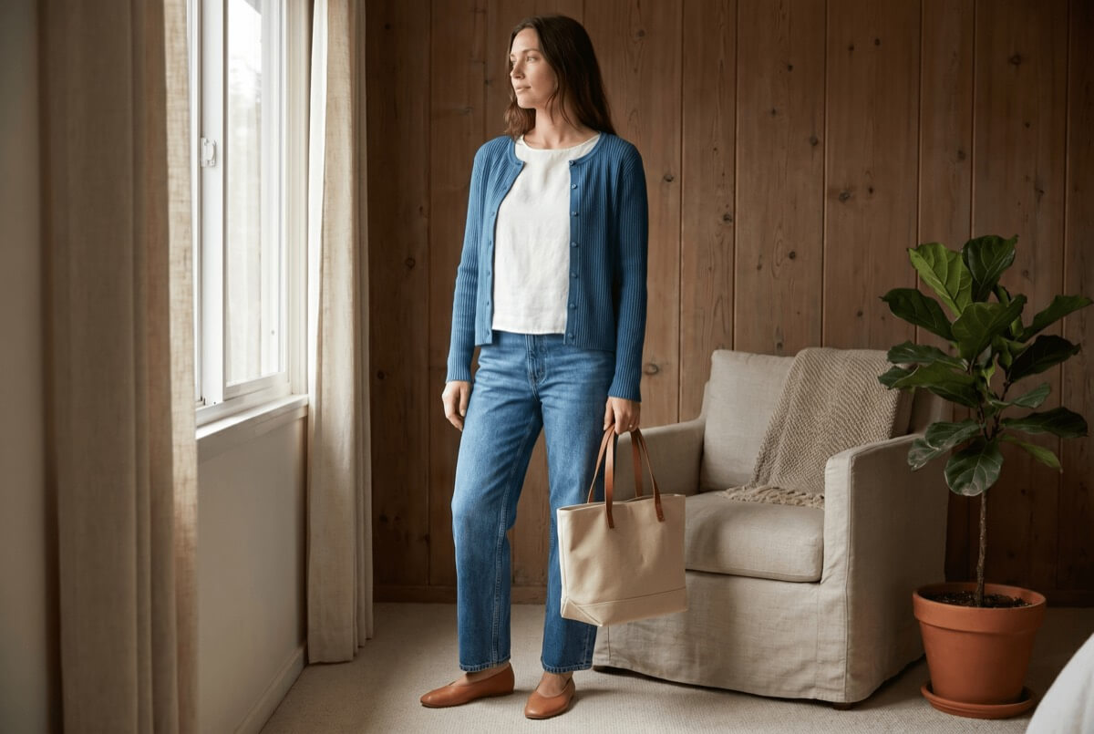 Woman in a blue knit layer and jeans holding a canvas tote - upcycled denim styled for everyday wear