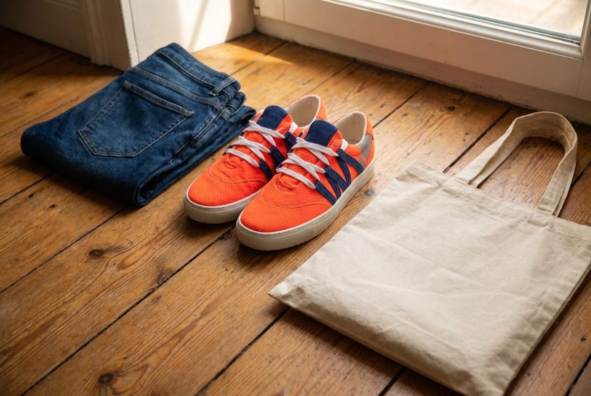 Orange and navy upcycled fabric sneakers on wooden floorboards beside folded jeans and a canvas tote - a statement finish for restyled outfits