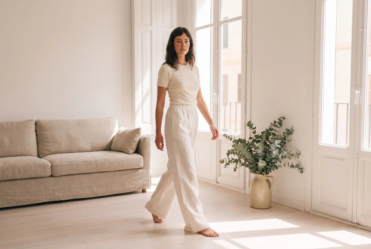 Woman walking through a bright minimal apartment in white wide-leg linen pants