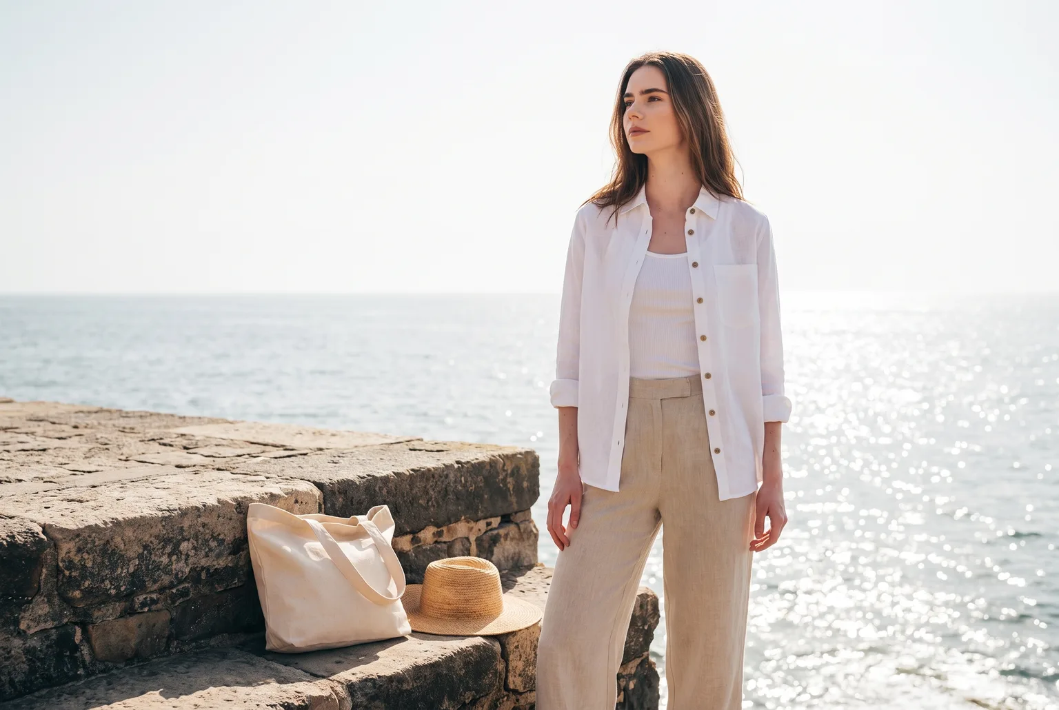 Woman on a stone step by the sea wearing an open white linen shirt over a tank and oat linen pants