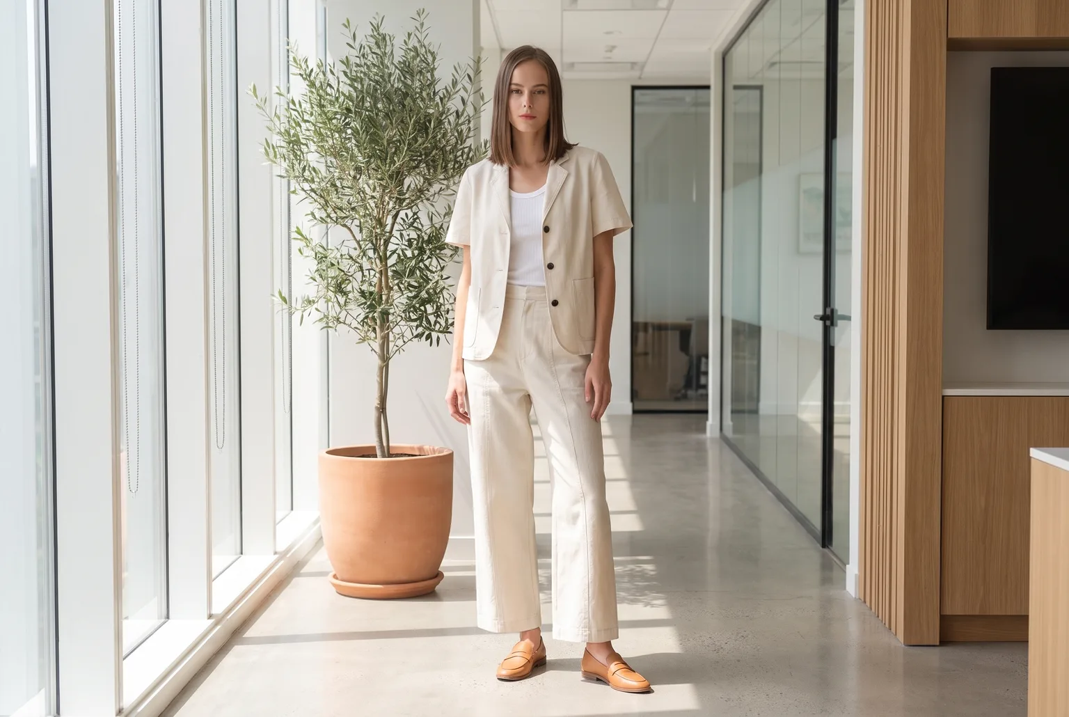 Woman in a light-filled office corridor wearing a raw cotton-linen short-sleeve blazer with matching oat wide-leg pants