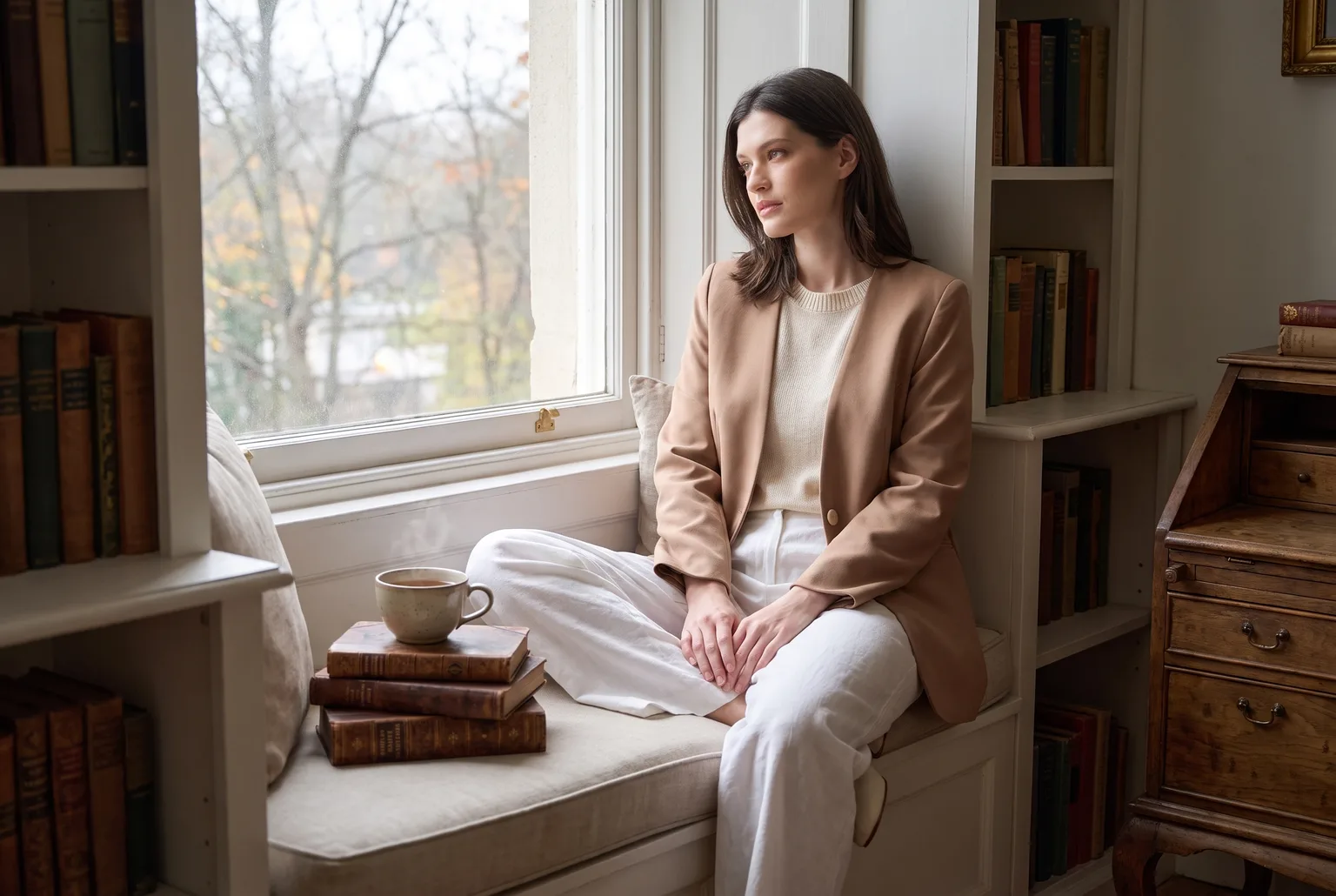 Woman on a window seat wearing a latte collarless relaxed blazer over white wide-leg linen pants