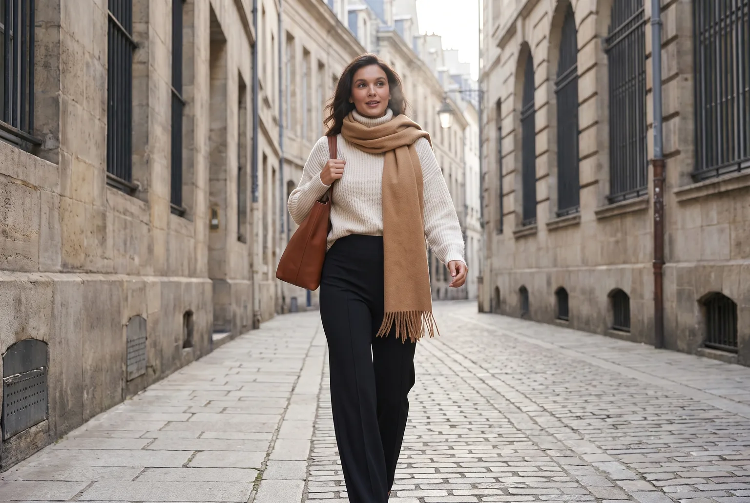 Woman walking along a city pavement on a cool morning in black high-waisted palazzo pants with a cream knit and camel scarf