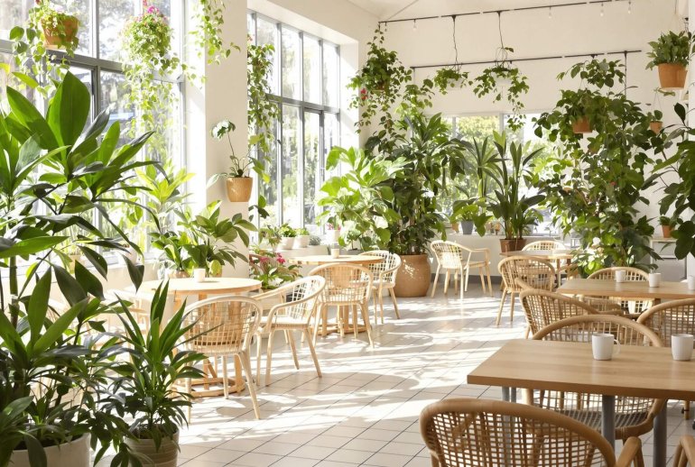 Bright cafe interior with plants and warm wooden furniture.