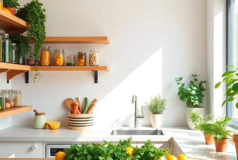 Bright, clean kitchen with plants and fresh produce.