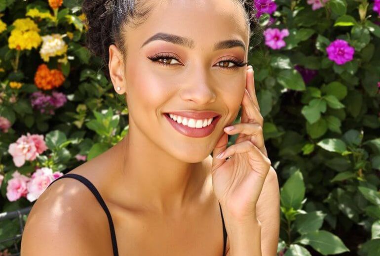 Natural portrait of eco beauty in lush garden with blooms.
