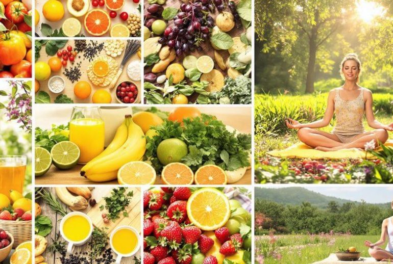 Collage of fruits, herbs, and a meditating person.